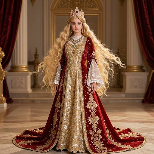 Regal Woman in Ornate Golden Hall