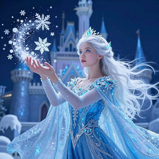 Photorealistic CGI of a fair-skinned, blonde princess in a shimmering blue ice queen dress, conjuring snowflakes with her hands,