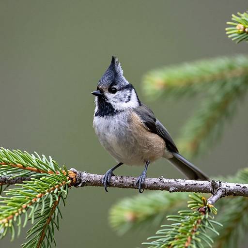 Photograph of a black-capped chickadee with white cheeks and brown sides, perched on a green pine branch against a blurred green background.