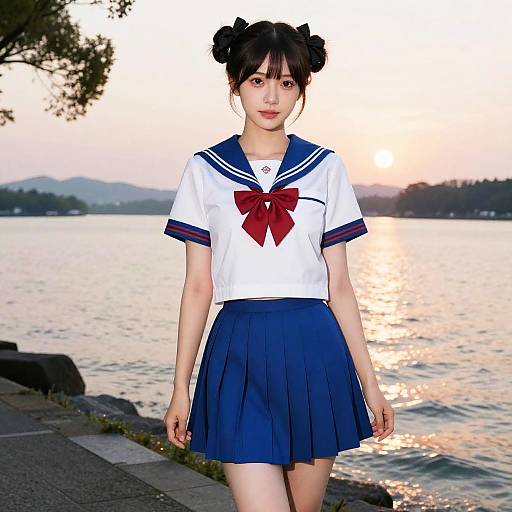Anime Woman in Sailor Outfit at Sunrise
