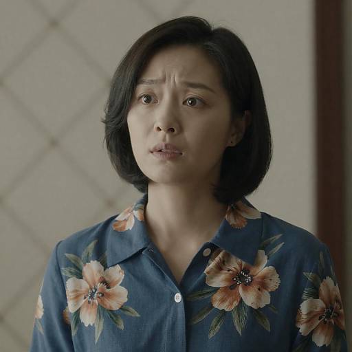 Asian Woman in Blue Floral Shirt with Concerned Expression