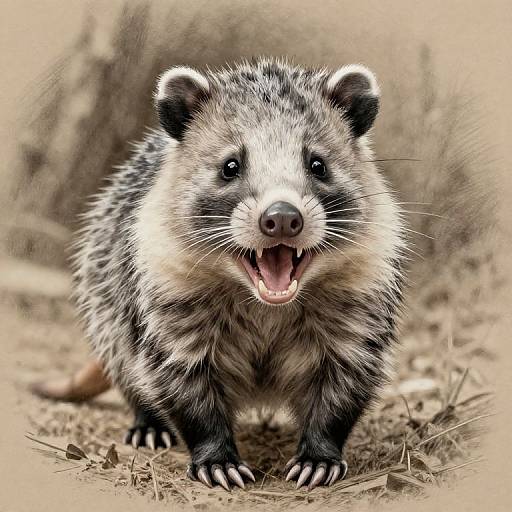 Photograph of a curious, fluffy Australian brushtail possum with black and white fur, open mouth, and small claws, standing on dirt