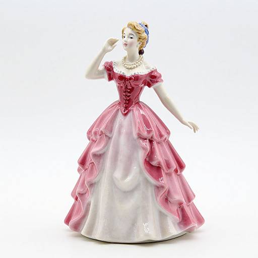 Photograph of a porcelain figurine of a blonde woman in a pink and white ruffled ball gown, wearing a pearl necklace, with a blue flower