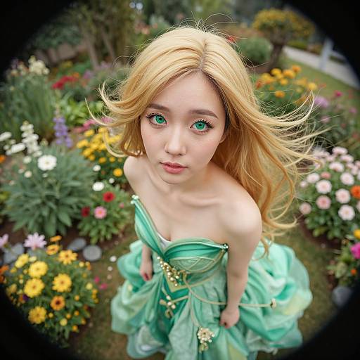 Digital art of a young Asian woman with long blonde hair, green eyes, and a strapless mint-green dress, standing in a vibrant, colorful garden