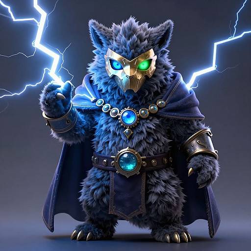 CGI image of a fluffy, blue, feline creature with glowing green and yellow eyes, gold mask, and blue cloak, holding a lightning bolt