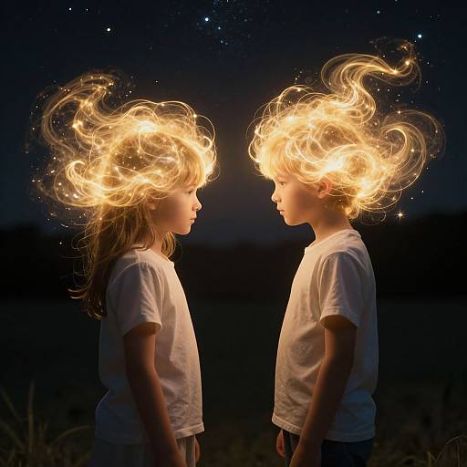 Photograph of two children with glowing, fiery hair facing each other under a starry night sky, wearing white shirts.