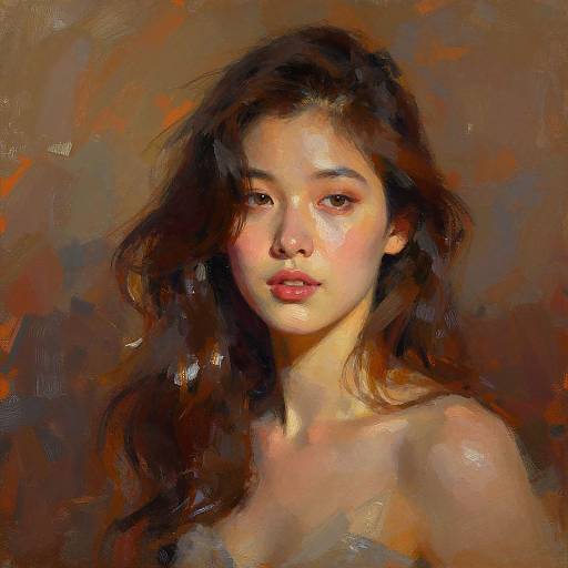 Digital painting of an Asian woman with soft, warm lighting, long dark brown hair, and fair skin, set against a textured brown background. She gaz
