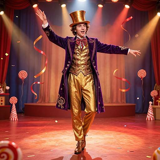 Photograph of a male magician in gold pants, black coat, red vest, top hat, with arms outstretched, surrounded by candy-themed stage