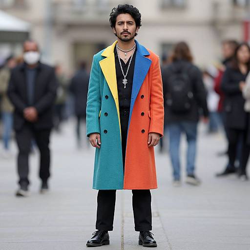 Photograph of a man with curly black hair, beard, wearing a colorful long coat (blue, yellow, orange), black shirt, necklace, black
