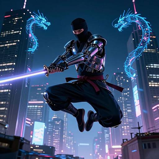 Digital artwork of a masked ninja mid-air, wielding a glowing blue lightsaber, surrounded by neon-lit skyscrapers and two blue dragon spirits.