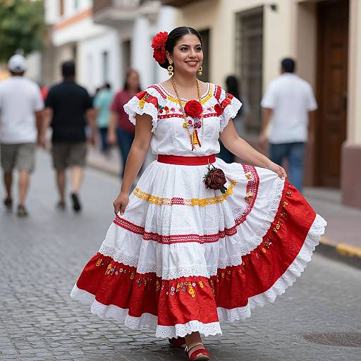 Photograph of a smiling Latina woman in a vibrant red and white traditional Mexican dress, adorned with flowers, dancing on a cobblestone street, with