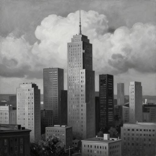 Black-and-white photograph of a city skyline featuring tall skyscrapers with varied architectural styles, under a cloudy sky. Central tower with antenna stands out prominently