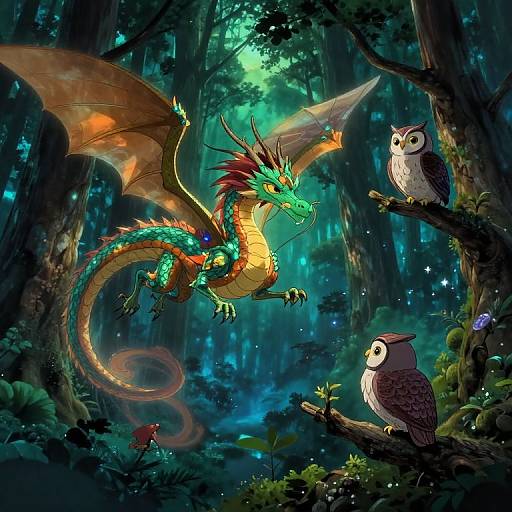 Digital fantasy artwork of a vibrant, glowing dragon with orange wings and green scales, hovering above two owls in a mystical, bioluminescent forest