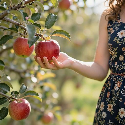 Photograph of a woman with curly brown hair, wearing a black floral dress, gently holding a red apple from an apple tree. Sunlight filters through