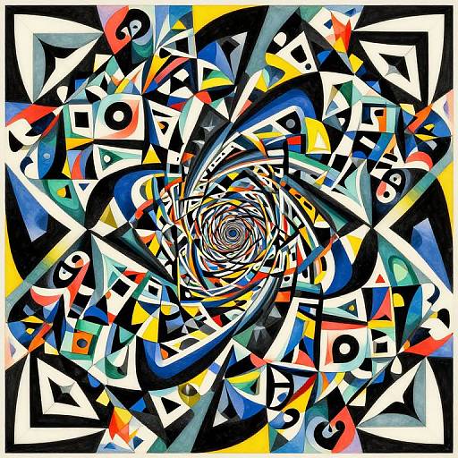 Vibrant, abstract digital artwork featuring a swirling, hypnotic spiral at the center, surrounded by chaotic, colorful geometric shapes and letters.