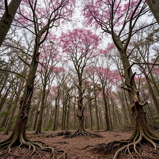 Photograph of a serene forest with tall, leafless trees, their gnarled roots exposed, and vibrant pink blossoms above, against a white