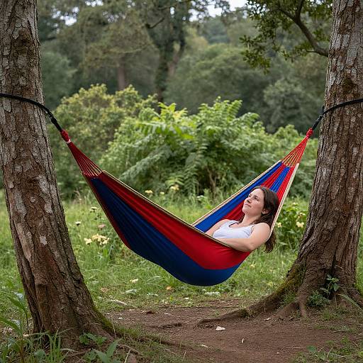 Photograph of a woman with medium-length brown hair, wearing a white tank top, relaxing in a red and blue hammock between two trees in a