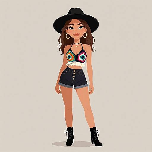 Digital illustration of a young woman with long brown hair, wearing a black hat, colorful crop top, high-waisted denim shorts, black boots,