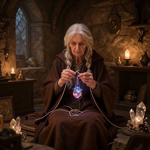 Elderly man with long white hair, in dark robe, holds glowing blue crystal in dimly lit, medieval stone room with candles.