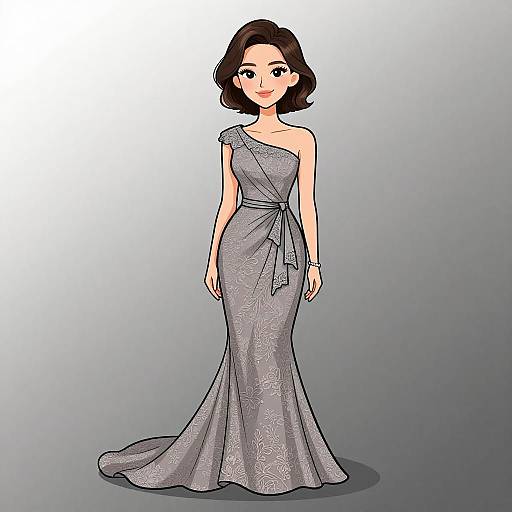 Digital illustration of a smiling woman with short brown hair in an elegant, one-shoulder, silver lace gown with a bow detail.