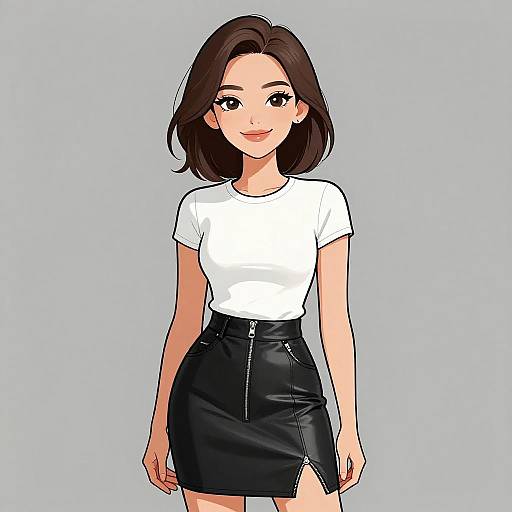 Digital anime-style illustration of a smiling woman with shoulder-length brown hair, wearing a white t-shirt and black leather skirt with a zipper. Light gray background