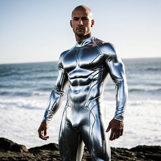 Man in Silver Surfer Costume at Beach