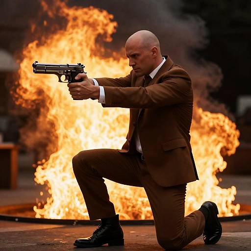 Bald Man in Action with Flames