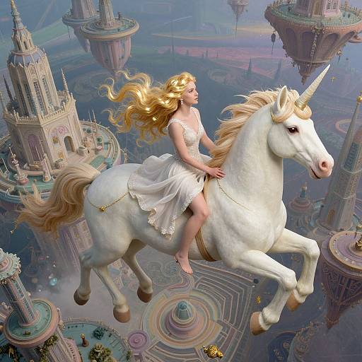 Digital fantasy artwork of a blonde woman in a white dress riding a white unicorn, soaring above floating, ornate castles in a mystical, colorful sky