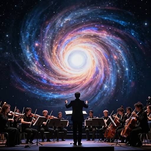 Orchestra performing on stage with a vibrant, swirling galaxy backdrop, conductor facing the musicians, illuminated by a bright central light.
