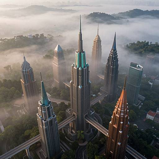 Aerial photograph of Kuala Lumpur's Petronas Twin Towers and surrounding skyscrapers shrouded in morning mist, with green and teal spires
