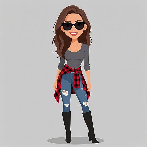 Cartoon-style woman with long brown hair, black sunglasses, gray top, ripped blue jeans, red plaid shirt tied around waist, black boots,