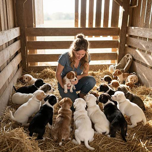 Photograph of a woman with brown hair in a blue shirt, kneeling in a wooden barn, surrounded by 17 adorable puppies of various black, white