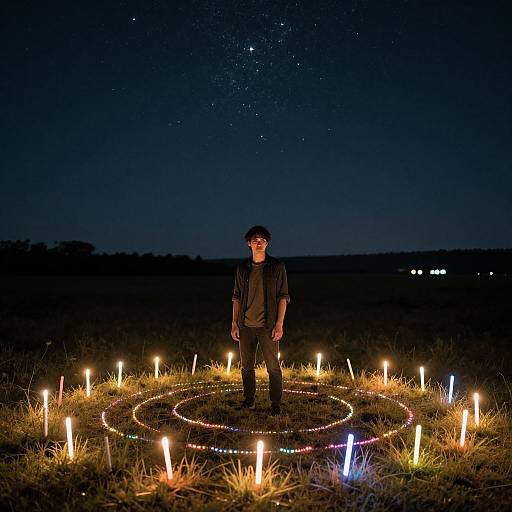 Photograph of a man standing in a circle of glowing candles on a dark grassy field under a starry night sky.