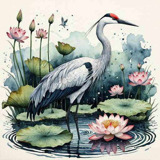 Dreamlike Crane with Lotus Flowers Dreamlike Crane with Lotus Flowers