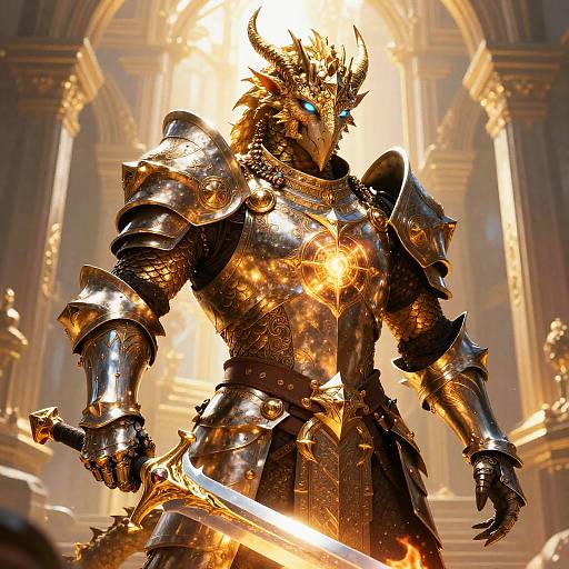Digitally rendered, golden dragon-headed armored warrior with glowing blue eyes, holding a glowing sword, standing in a sunlit, grandiose cathedral.