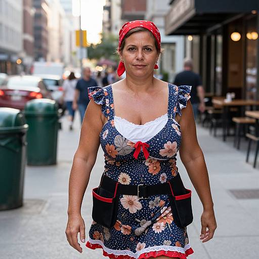 Photograph of a middle-aged woman with red bandana, floral blue dress with white lace, red ribbon, and earrings, walking on a bustling urban