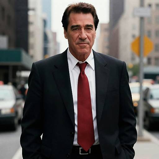 Photograph of middle-aged man with dark hair, wearing black suit, white shirt, and red tie, standing in bustling city street.