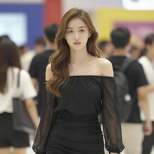 Photograph of an Asian woman with long brown hair, wearing an off-shoulder black dress, standing in a brightly lit, crowded indoor space.
