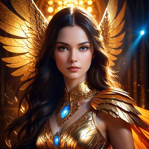 Fantasy Woman in Golden Dress with Glowing Wings