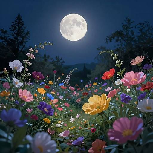 Photograph of a vibrant, colorful meadow filled with various flowers under a bright, full moon in a dark blue night sky.