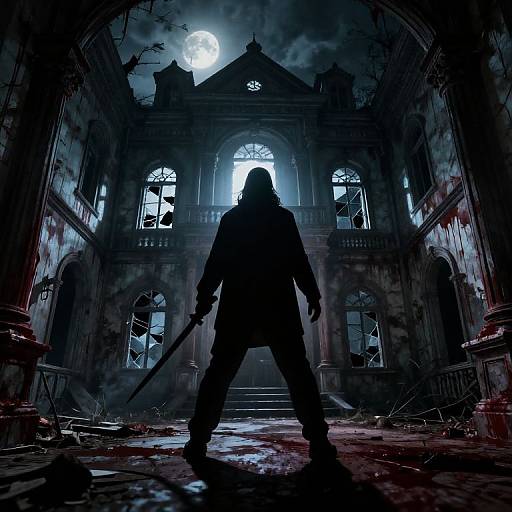 Silhouetted figure with sword, standing in blood-stained, abandoned, gothic mansion under full moon; dark, eerie atmosphere. Digital artwork