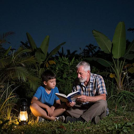 Photograph of an elderly man with gray beard and plaid shirt, reading a book to a young boy in blue shirt, by a lantern in a