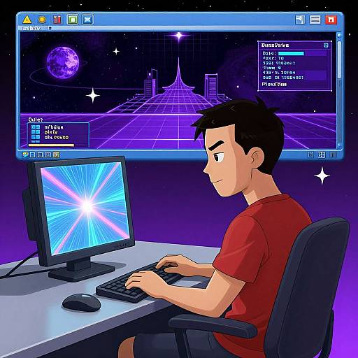 Retro Futurism Cartoon Man at Computer