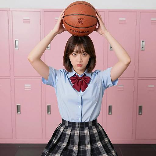 Cheerful Asian Girl with Basketball