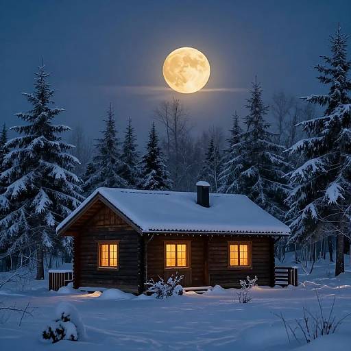 Photograph of a wooden cabin with glowing windows, surrounded by snow-covered pine trees, under a full moonlit night sky.