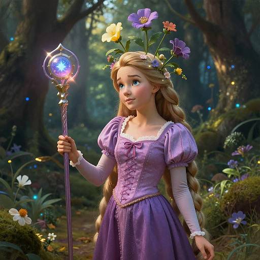 Digital art of a fairy princess with long blonde hair, wearing a purple dress and flower crown, holding a glowing staff in a magical forest.
