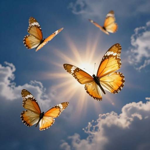 Photograph of four vibrant orange and black monarch butterflies flying against a bright blue sky with sun rays and scattered clouds.