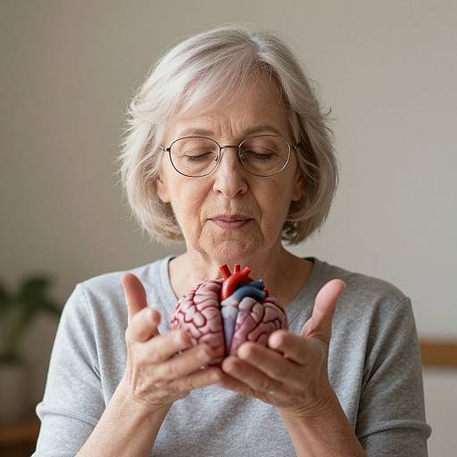 Photograph of an elderly woman with short gray hair, glasses, and gray shirt, gently holding a detailed, realistic plastic heart model, with a neutral