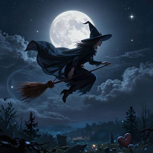 Digital illustration of a silhouetted witch flying on a broomstick under a bright full moon, with dark clouds, stars, and a spooky