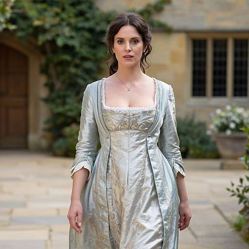 Photograph of a fair-skinned woman with dark brown hair in an elegant, silver, Victorian-style dress standing in a stone courtyard with ivy and